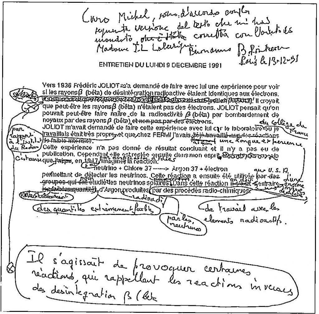 Правка Б. Понтекорво текста интервью о Ф. Жолио-Кюри, данного Мишелю Пино